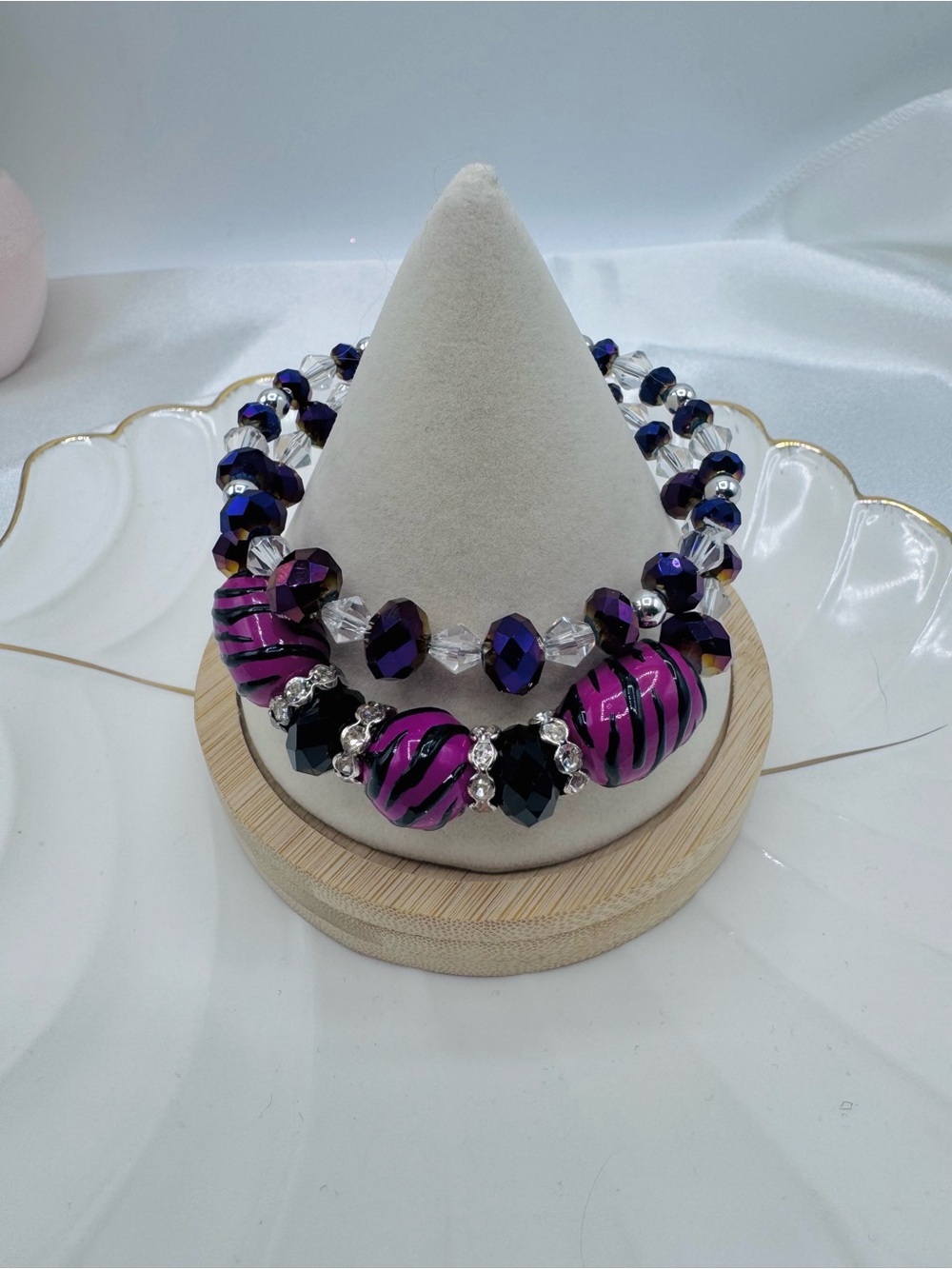 Pink Purple Zebra Print Beaded Bracelet Set Glam Sparkly Jewelry